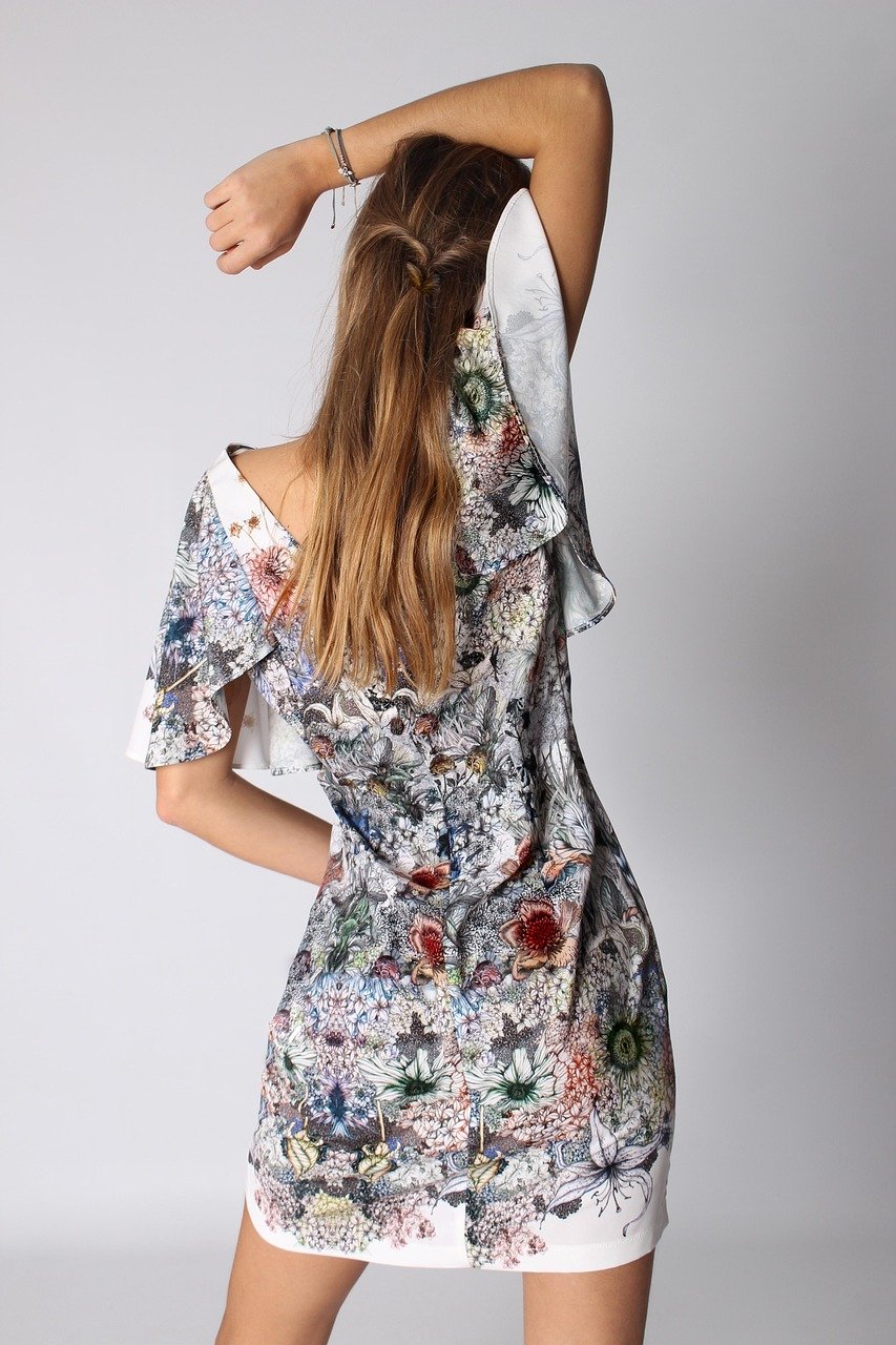 caucasian, model, fashion, female, woman, young woman, female model, caucasian model, caucasian female, blonde, blonde model, blonde female, clothing, style, outfit, floral, dress, back, pose, posing, modeling, portrait